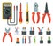 Electrical cable wires and different electronic tools. Cutter, multimeter. Vector illustrations isolated