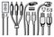 Electrical Plugs and Cables Black and White Vector Cartoon Graphic Set