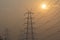 Electrical pylon and high voltage power lines near transformation station at Sunrise in Gurgaon