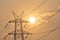 Electrical pylon and high voltage power lines near transformation station at Sunrise in Gurgaon