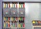 Electrical switchboard with different colored wires and sensors. Electricity equipment