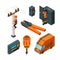 Electrical systems 3d. Electricity box switch electrician safety worker with power tools vector isometric