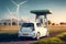 electrical vehicle near widn powered charging station in daytime summer countryside environment, neural network