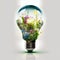 Electrically glowing light bulb with plants and flowers inside, white background. Generative AI