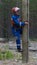 Electrician begins to climb on a power pole