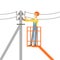 Electrician repairing wire of the power line with bucket hydraulic lifting platform, electric man performing electrical