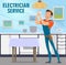 Electrician service poster with handyman and bulb