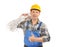 Electrician showing thumb-up gesture on white background