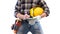 Electrician with tool belt on a white background. Electricity