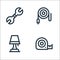 electrician tools and line icons. linear set. quality vector line set such as measure tape, table lamp, cable