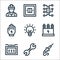 electrician tools and line icons. linear set. quality vector line set such as soldering iron, wrench, fuse box, transformer, light