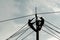 Electrician worker climbing electric power pole to repair the damaged power cable line problems after the storm. Power line