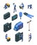 Electrician working. Isometric people in uniform making safety electric systems vector professional equipment isolated