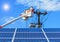 Electricians repairing wire of the power line on bucket hydraulic lifting platform with photovoltaics in solar power station