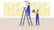 Electricians at work flat vector illustration. Skilled workman standing on ladder and fitting lamp to ceiling, young