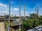 Electricity cable mast and flower bloom at bridge in bangkok Thailand