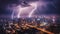Electricity igniting city skyline, thunderstorm brewing, danger lurking in darkness generated by AI