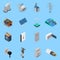 Electricity isometric icons set with cable solar panels wind hydro power generators transformer socket isolated