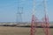 Electricity poles over a field with spring blossom bushes