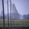 electricity power lines in green autumn meadow field