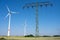 Electricity pylon, power lines and wind turbines