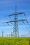 An electricity pylons, power lines and some wind turbines