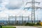 Electricity pylons in the transformer substation at the interim storage facility of the former nuclear power plant in Lubmin near