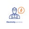 Electricity services, electrician icon, electrical repairman, technician person, maintenance engineer