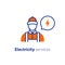 Electricity services, electrician icon, electrical repairman, technician person, maintenance engineer