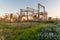 Electricity substation under clear sky at sunset