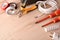 Electricity tools on wooden table elevated view