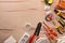 Electricity tools on wooden table space on the left top