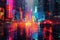 Electrifying Visions: A Glitchy Cityscape Awash with Neon Lights