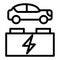 Electro car and accumulator line icon. Electric auto and battery illustration isolated on white. Eco car outline style