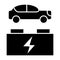 Electro car and accumulator solid icon. Electric auto and battery illustration isolated on white. Eco car glyph style