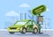 Electro refueling green power illustration. Modern car charges energy accumulator from electric point ecological