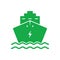Electro Ship Silhouette Green Icon. Electric Cargo Boat Pictogram. Vessel Alternative Eco Transportation Icon. Ecology