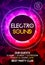 Electro sound party music poster. Electronic club deep music. Musical event disco trance sound. Night party invitation.