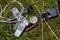 Electro-waste, Old telephones, LEDs, chargers, cables scattered in the grass. The problem of littering and degradation of the