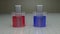 Electrochemistry. Chemistry beakers filled with metal bars and colored blue, red liquids. 3d render illustration