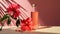 electrolyte drink with hibiscus in a glass bottle, minimalist still life