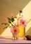 electrolyte drink with hibiscus in a glass bottle, minimalist still life