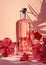 electrolyte drink with hibiscus in a glass bottle, minimalist still life