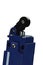 Electromechanical pulley lever terminal switch, also named end limit switch in dark blue plastic chassis on white background