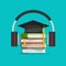 Electronic audio learning or studying online vector illustration, flat cartoon headphones and books stack and graduation