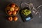 The electronic, black kitchen scale, apples, grape and centimeter close-up