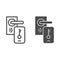 Electronic door lock and key on smartphone line and solid icon, smart home symbol, mobile remote unlocking home door