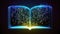 Electronic e book reading for study new skills, development of imagination, opened blue neon glowing