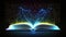 Electronic e book reading for study new skills, development of imagination, opened blue neon glowing