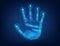 electronic hand scan technology on blue dark background. handprint cyber security. fingerprints identification concept. Biometric